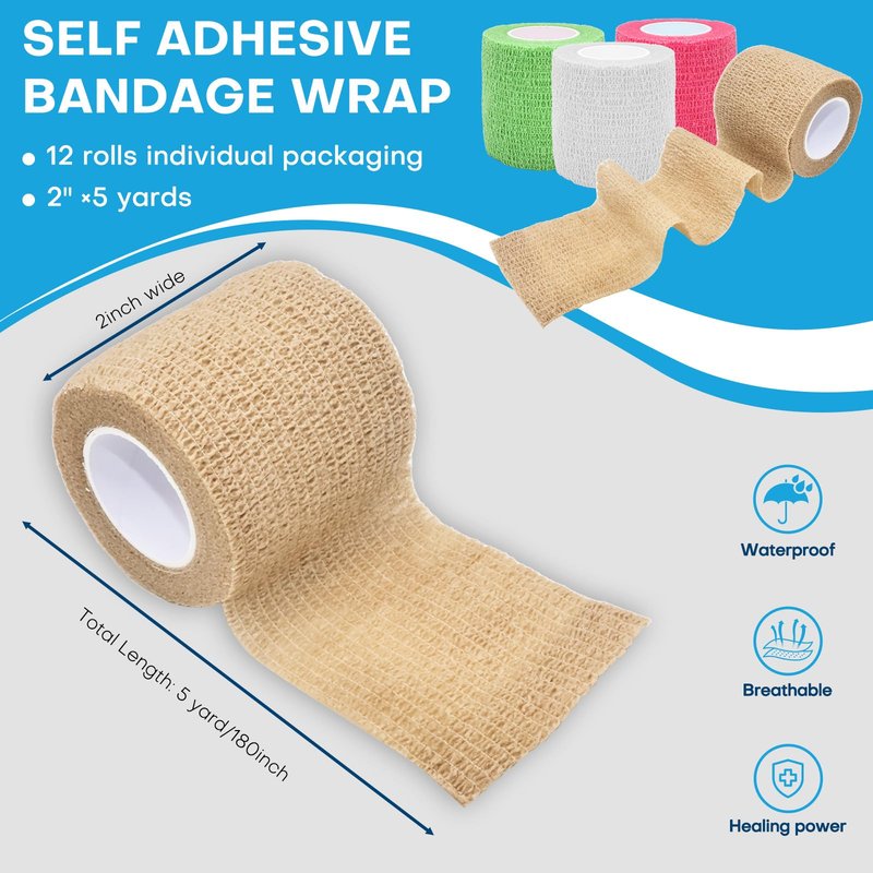 Cohesive Bandage Wrap 2 Inch x 5 Yards, 12 Pack Skin Color Self Adhesive Athletic Tape for Medical First Aid, Injury Recovery & Sports Wraps