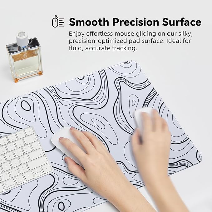 Waterproof Large Gaming Mouse Pad with Durable Stitched Edges, Non-Slip Rubber Base, Grainy Jacquard Mouse Mat Desk Pad for Home Office Gaming, 31.5''x11.8''x0.12'', Topographic Map White