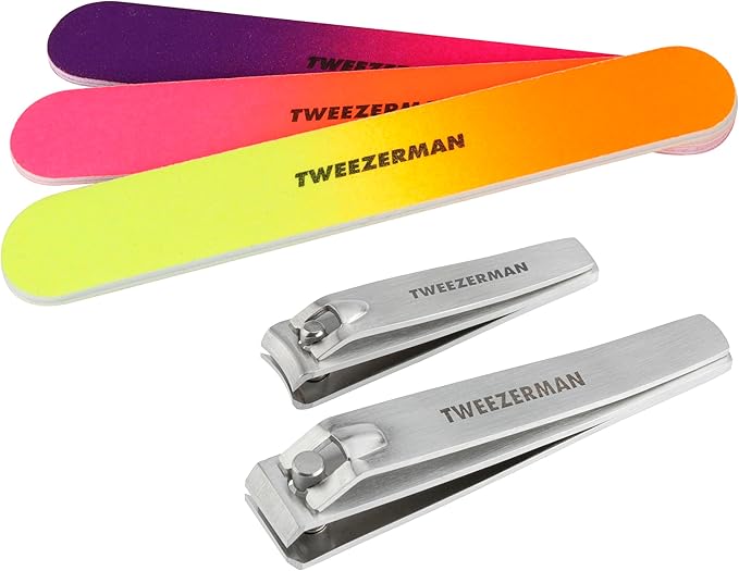 Tweezerman Stainless Steel Nail Clipper Combo Set with Three Neon Nail Files