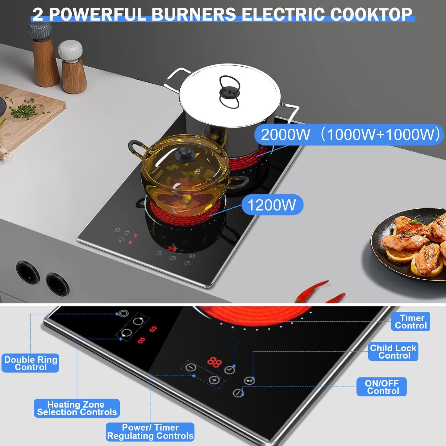 Hobsir hob 2 Burners Electric Cooktop, 12 inch Electric Stove Top Burner, Built-in Ceramic Stove with Touch Control, Timer, Safety Lock, 9 Power Levels 3200W, 220V-240V Hard Wire (No Plug)