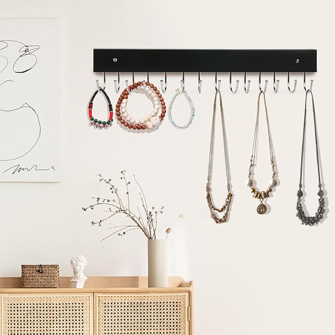 Necklace Holder Wall Mounted Jewelry Organizer - 2 Pack Wooden with 28 Hooks, Hanging Earring & Ring Bracelet Storage, Decorative Space-Saving Jewelry Display (Black)