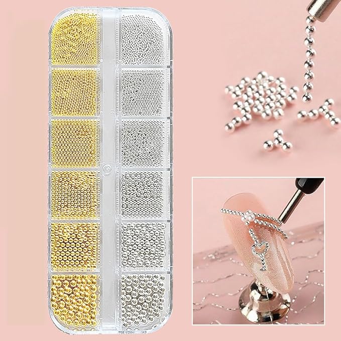 0.8mm Mini Small Nail Beads Stainless Steel Beads Nail Beads Gold Charms Nails Art Decorations Gun Grey Rose Gold Caviar Nail Charms DIY Tool Nail Studs Accessories Caviar Beads for Nails (Silver)