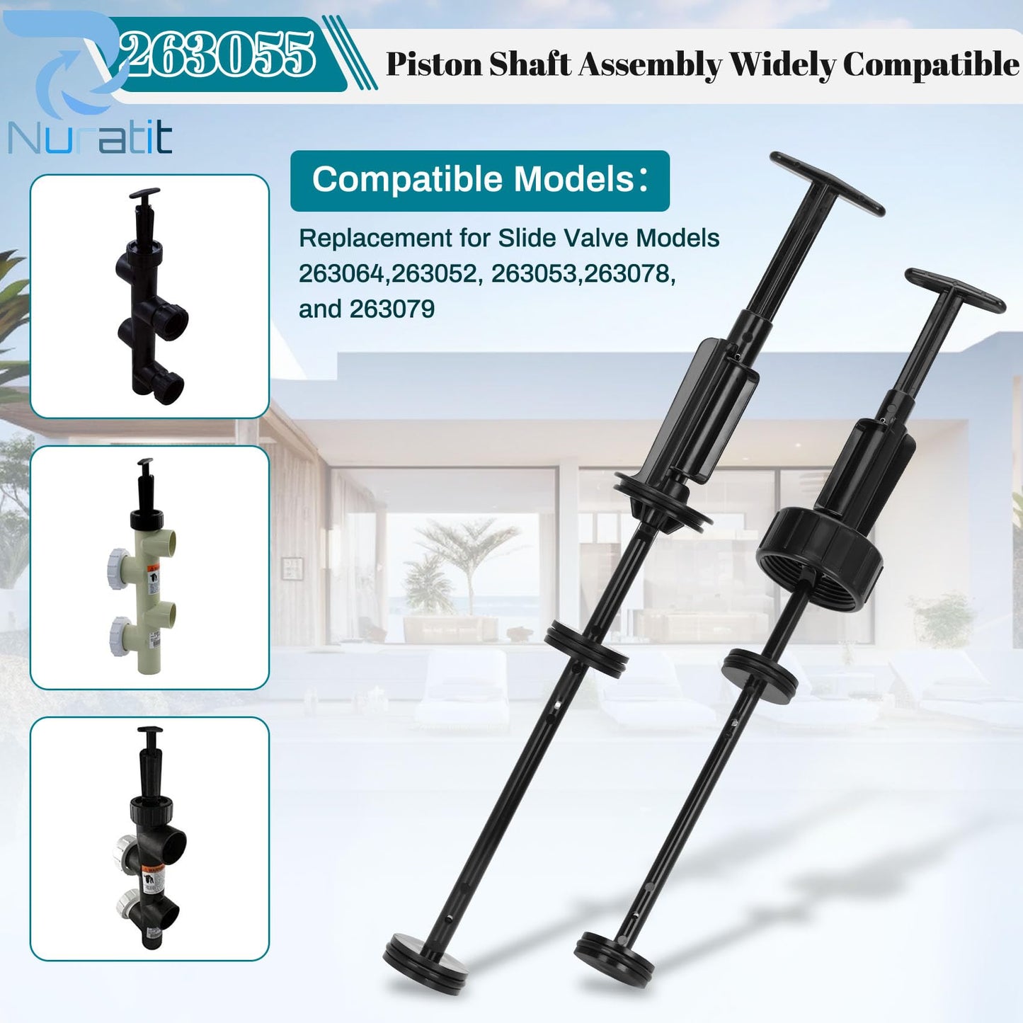 NURATIT 263055 Piston Shaft Assembly Replacement Kit, Compatible with Pentair PVC Slide Pool, FNS Plus Pool Backwash Valve and Spa Valve, Replace Model 263064, 263052, 263053, 263078, and 263079