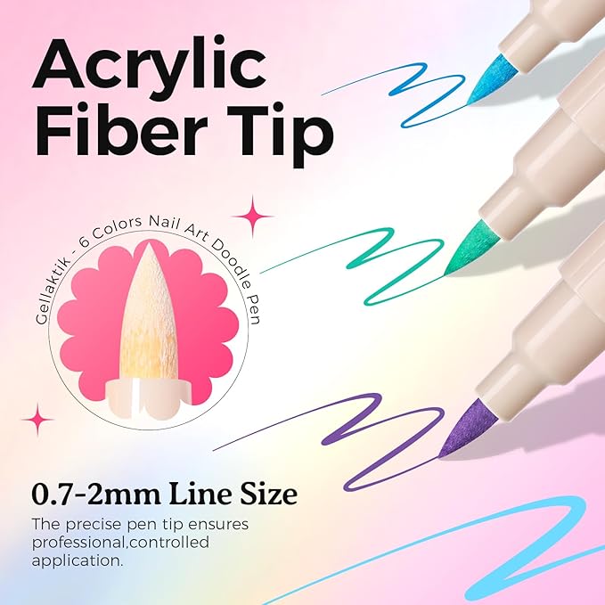 6 Colors Nail Art Pens Set, 3D Nail Polish Pens Quick-Drying Acrylic Paint Markers, Dotting Liner Brush for DIY Nail Design, Home & Salon Manicure Tools
