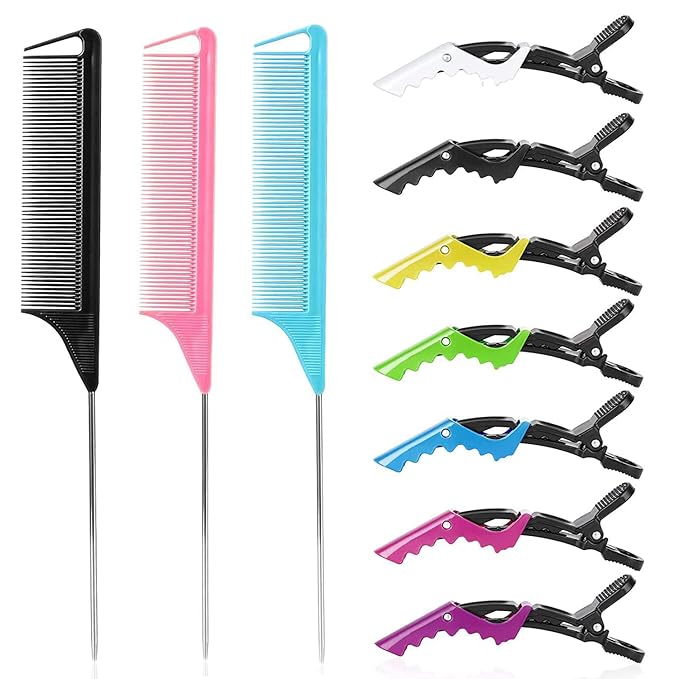Rat Tail Comb Hair Clips Set: 3Pcs Rat Tail Combs, Hair Styling Combs for Women and 7 Professional Sectioning Hair Clips (BlackÃ¯Â¼ÂPinkÃ¯Â¼ÂBlue)