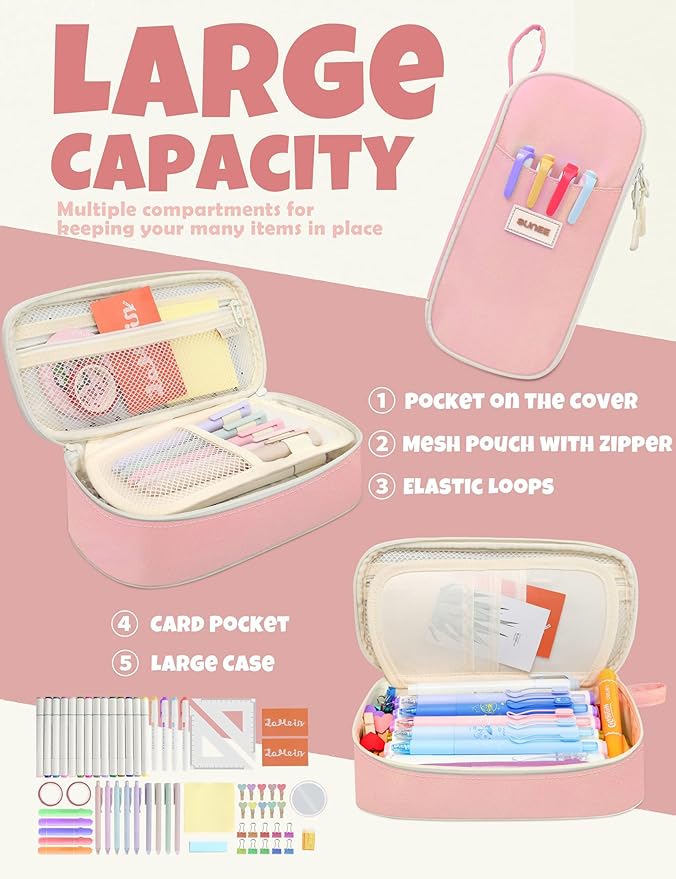SUNEE Cute Pencil Case, Aesthetic Pen Pouch, Colored Large Pencil Bag with Zipper, Kawaii Stationery Storage and Organizer, School Supplies for Teen and Adult Girls, Pink