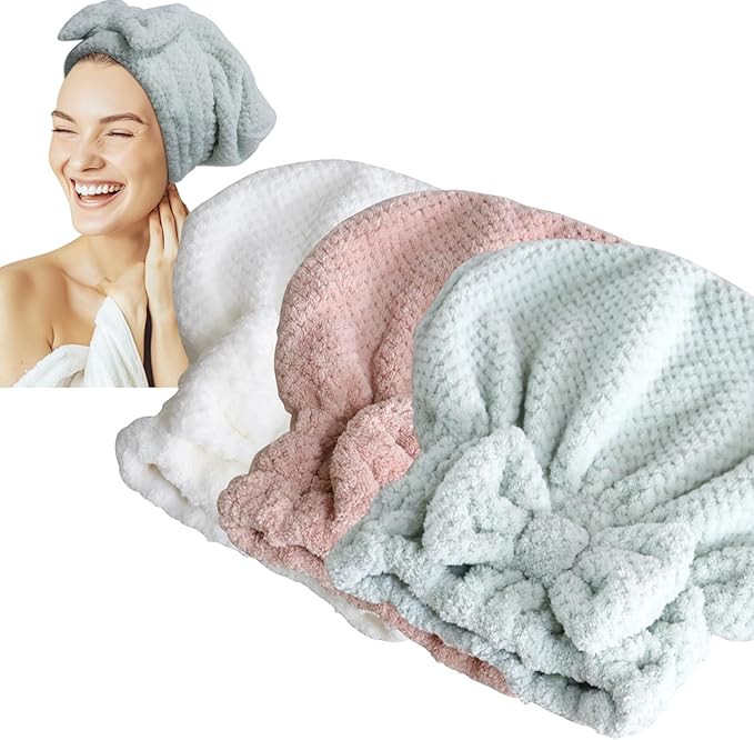 Jseng 3PC Microfiber Hair Towel Caps, Extreme Soft & Ultra Absorbent, Fast Drying Hair Drying Caps Towel Turban Wrap for Wet Hair Women