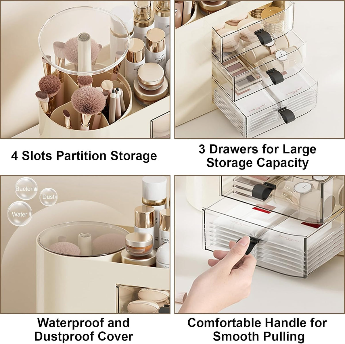 DASITON Makeup Organizer with 3 Drawers,Automatic Lifting Makeup Brush Holder with Lid,Large Capacity Makeup Organizers for Vanity,Bathroom Countertop,Ideal Storage Skin Care,Brushes,Lipstick (Cream)