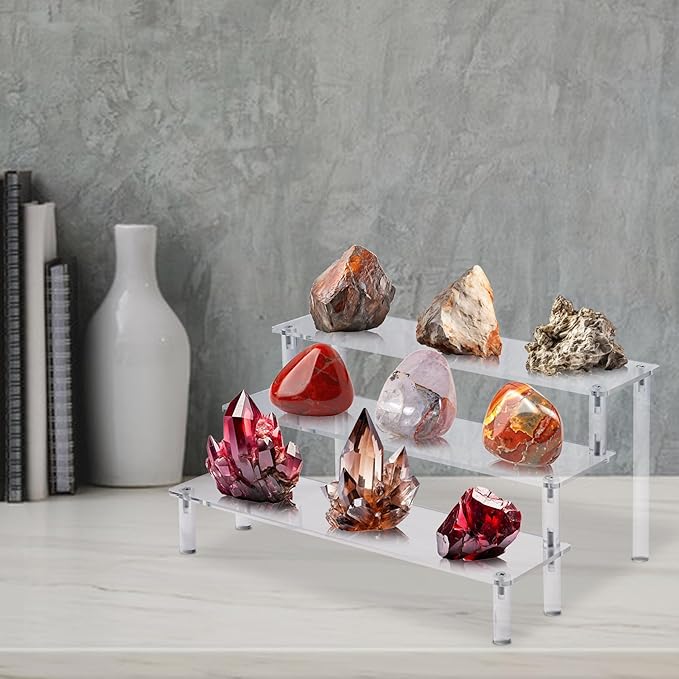 Hoewina 2PCS Acrylic Risers Display Stands, 3 Tier Perfume Organizer Display Shelf & Versatile Cupcake Stand Holder, Display Risers for Figures, Dessert Shelves for Party for Decoration and Organizer