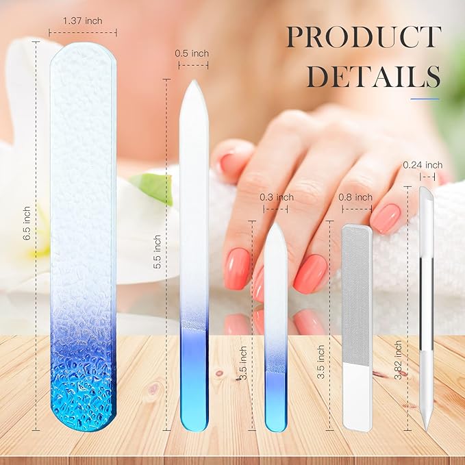 5 Pcs Glass Nail File Set Callus Remover Foot Rasp Manicure Tool Include 2 Crystal Glass Nail and 1 Foot File 1 Cuticle Pusher One Nano Shiner Buffer Polisher for Beauty