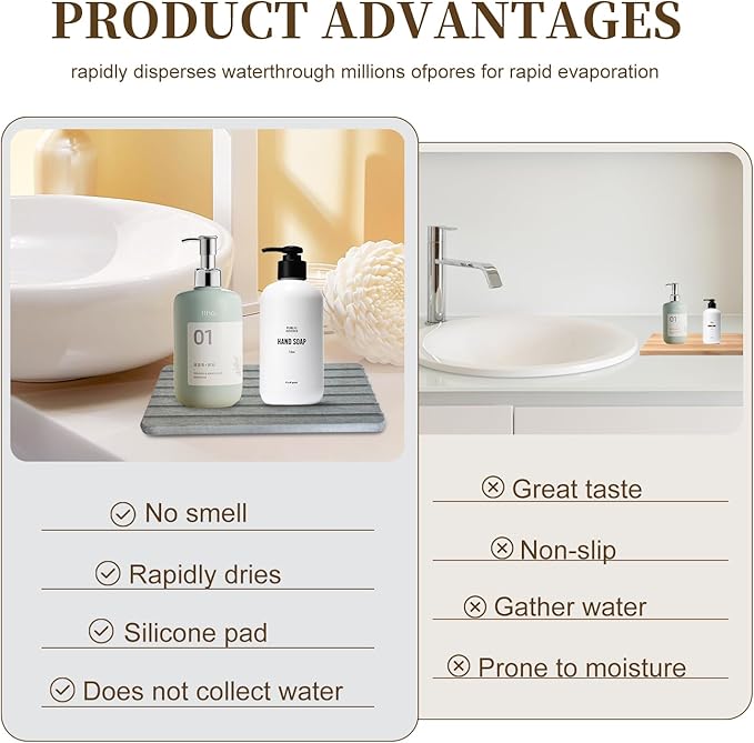 2PCS Fast-Dry Diatomite Sink Tray Set, Ultra Absorbent Soap Holder & Coaster with Non-Slip Feet & Grooved Design, Bathroom Kitchen Countertop Organizer, 8.3x4 Inches (Grey)