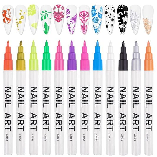 12 Color 3D Nail Art Pens Set, Kalolary Nail Point Graffiti Dotting Pen Drawing Painting Liner Brush for DIY Nail Art Beauty Adorn Manicure Tools