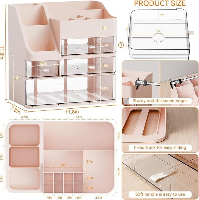 Yieach Pink Makeup Organizer Countertop With 4 Drawers,Large Cosmetics Storage Organizer for Brush,Hair Products,Plastic Makeup Holders and Beauty Skincare Organizers for Bathroom,Vanity,Dresser Top