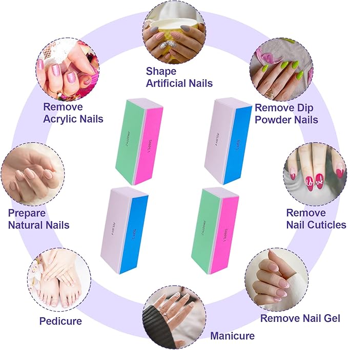 4 Way Nail Buffer Block (4 Pcs), Nail Shine Buffers Blocks Files for Natural and Acrylic Nails Smoother Buffing Block Polisher Fingernail File Buffer 120/240/600/3000 Grit for Buffing Shinning