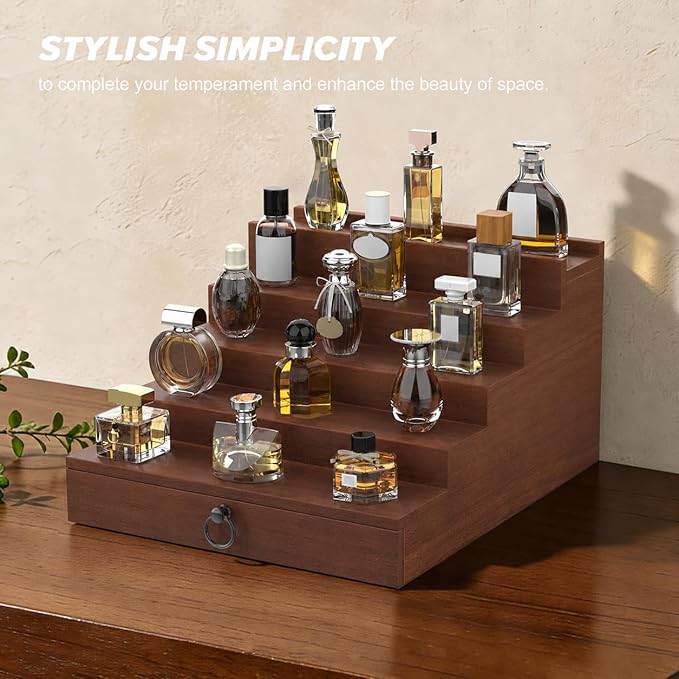 upcessory Cologne Organizer for Men, 5 Tier Black Wood Perfume Organizer with Felt Lining Drawer and Hidden Compartment, Perfume Display Holder, A Gift for Men
