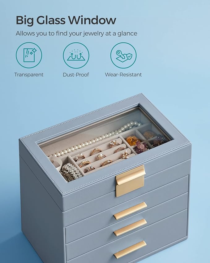 SONGMICS GISELLA Collection - Jewelry Box Organizer, 4-Layer Jewelry Storage with 3 Drawers, Shiny Metal Hardware, Glass Lid, Modern, 6 x 9.9 x 8.5 Inches, Smoky Blue and Gold Color UJBC161Q01