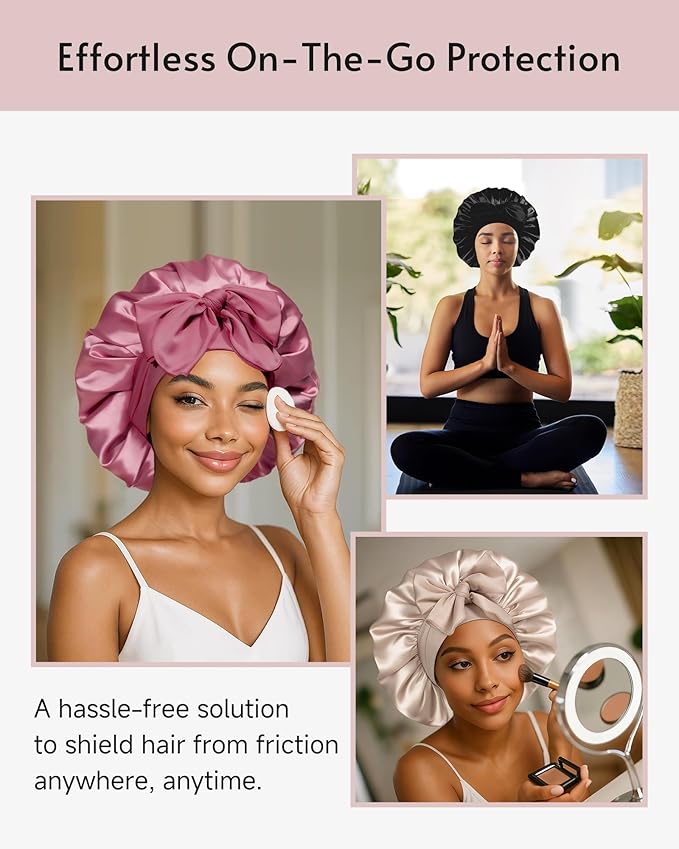 Yanideer 3 pcs Adjustable Satin Bonnets for Sleeping Double Layer Satin Lined Hair Bonnet with Tie Band for Women Curly Hair