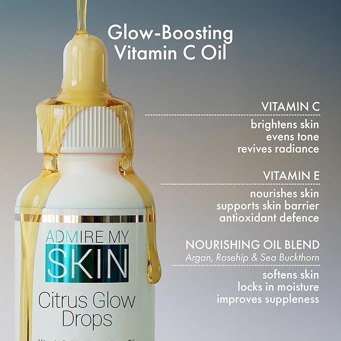 Admire My Skin Vitamin C Gua Sha Oil for Face - Organic Facial Oil for Glowing Skin with + Argan & Rosehip Oils - For a Dewy, Youthful Glow 1oz