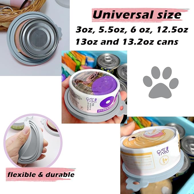 Pet Food Can Spoon & 3 Pcs Can Covers | Cute Paw Shape Opener Spatula Cat Wet Food Spoon | Universal BPA Free Silicone Lids for Dog Cat Cans(Grey)