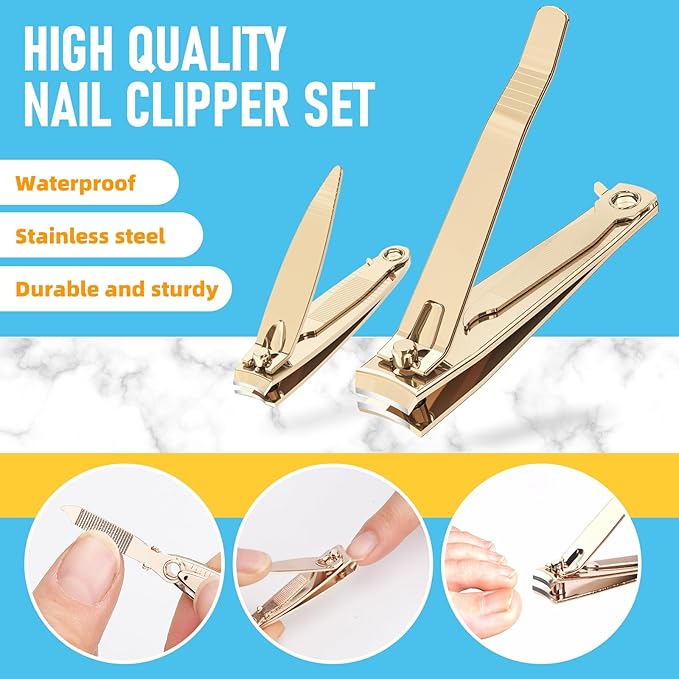 Nail Clipper Set, Sturdy Stainless Steel Fingernails & Toenails Clippers & Nail File, Sharp Effortless Fingernail Toenail Trimmer, Portable Nail Cutter for Women Men（Golden）