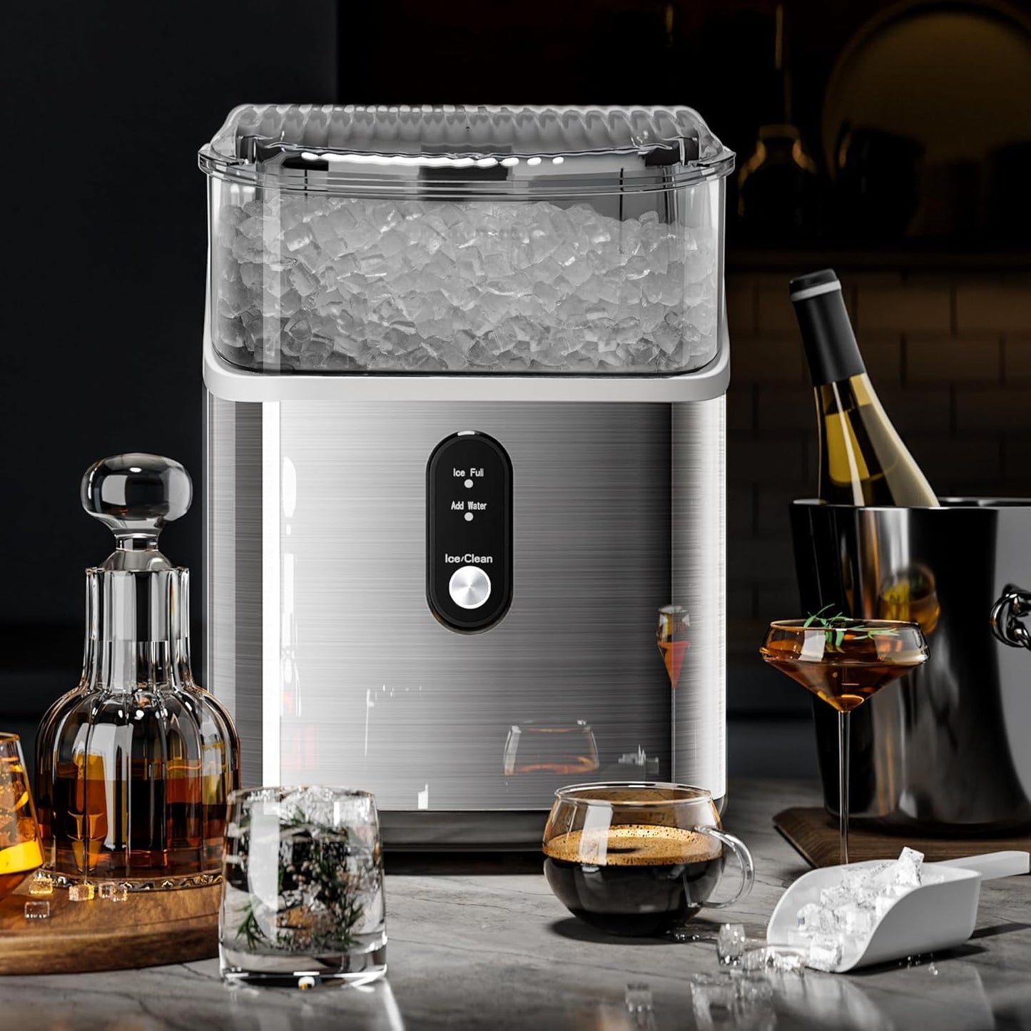 Nugget Ice Maker Countertop with Chewable Ice, 35lbs/Day, Portable Ice Maker Countertop with Handle, One-Click Operation, Compact Design Crushed Pellet Ice Maker for Home & Kitchen(Green)