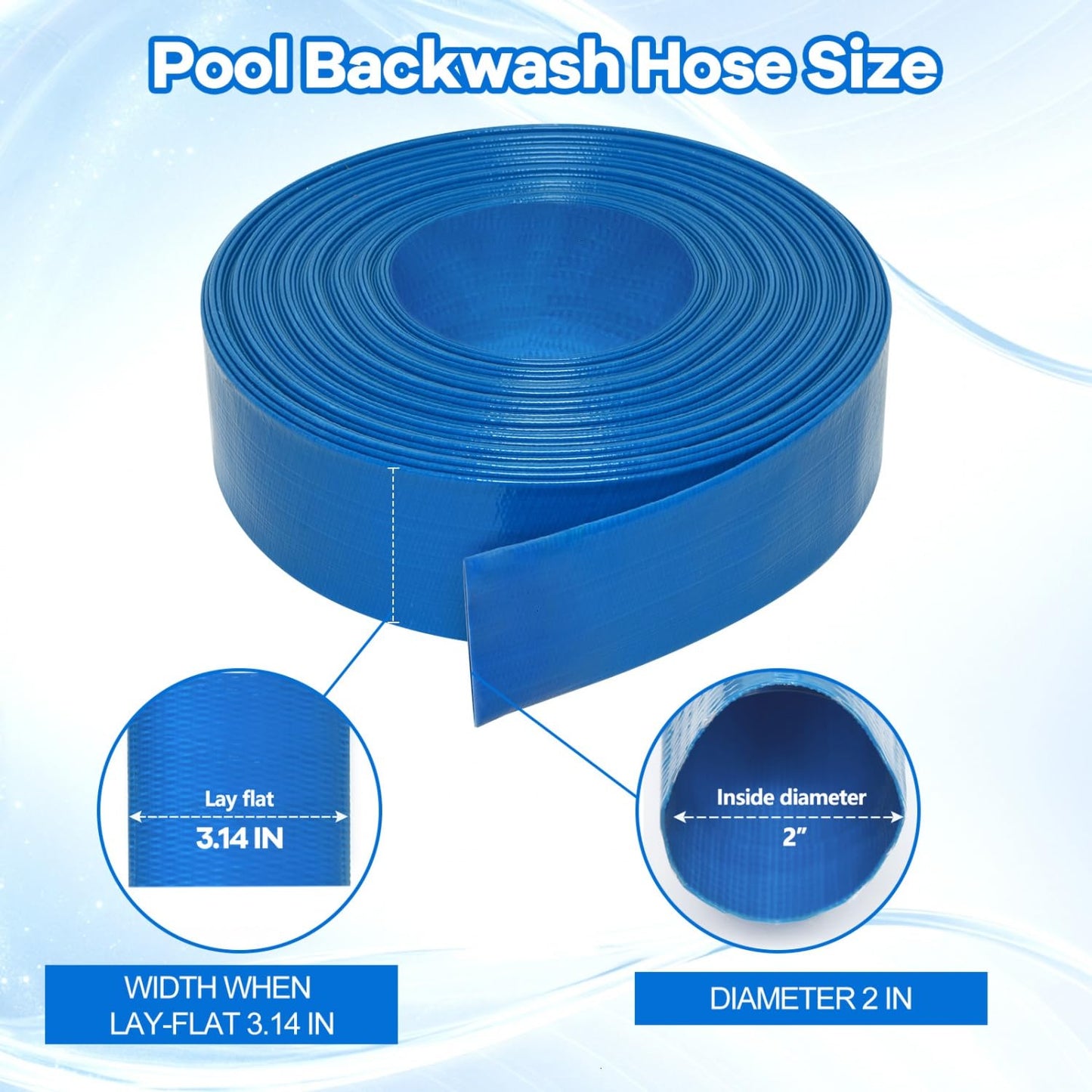 Gonioa 2 inches x 100 FT Heavy-Duty PVC Swimming Pool Backwash Hose, Reinforced Discharge Hose with Clamp for Swimming Pools, Blue