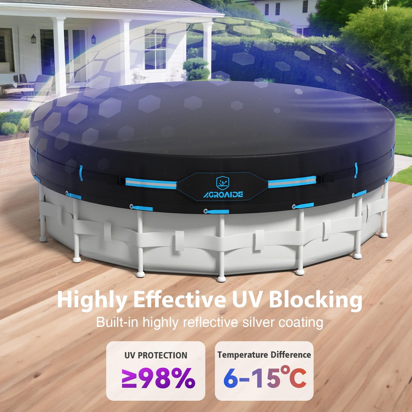 AGROAIDE 18ft Above Ground Pool Cover with Metal Buckle Straps, 420D Oxford Fabric for All Season Use - Tear Resistant, UV & Dust Proof