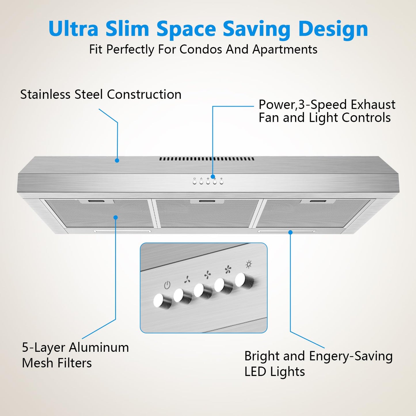 600 CFM Range Hood 36 Inch, Under Cabinet Range Hood for Duct/Ductless Convertible, Stainless Steel Kitchen Stove Vent Hood with 3 Speed Kitchen Exhaust Fan and Two Bright Energy-Saving LED Light