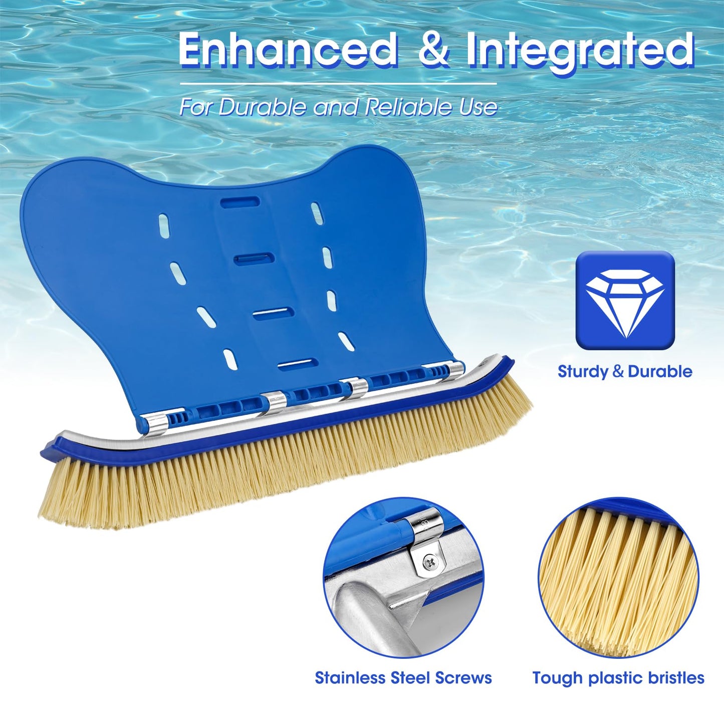 Pool Brush with Brush Tail for Cleaning Pool Walls Using Water Pressure, 18" Tough Plastic Bristles Pool Brush Head with EZ Clips Fit Most Poles (Pole not Included)