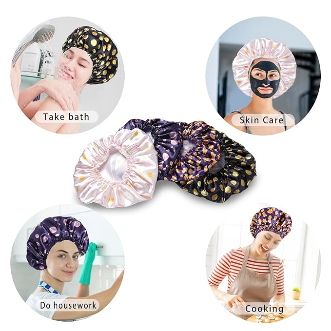 4 PCS Shower Cap for Women, Elastic and Reusable Bath Caps, Double Layers Shower Caps Reusable Waterproof, Bathing Shower Caps, Environmental Bath Hair Protection Cap - Ginkgo Leaf