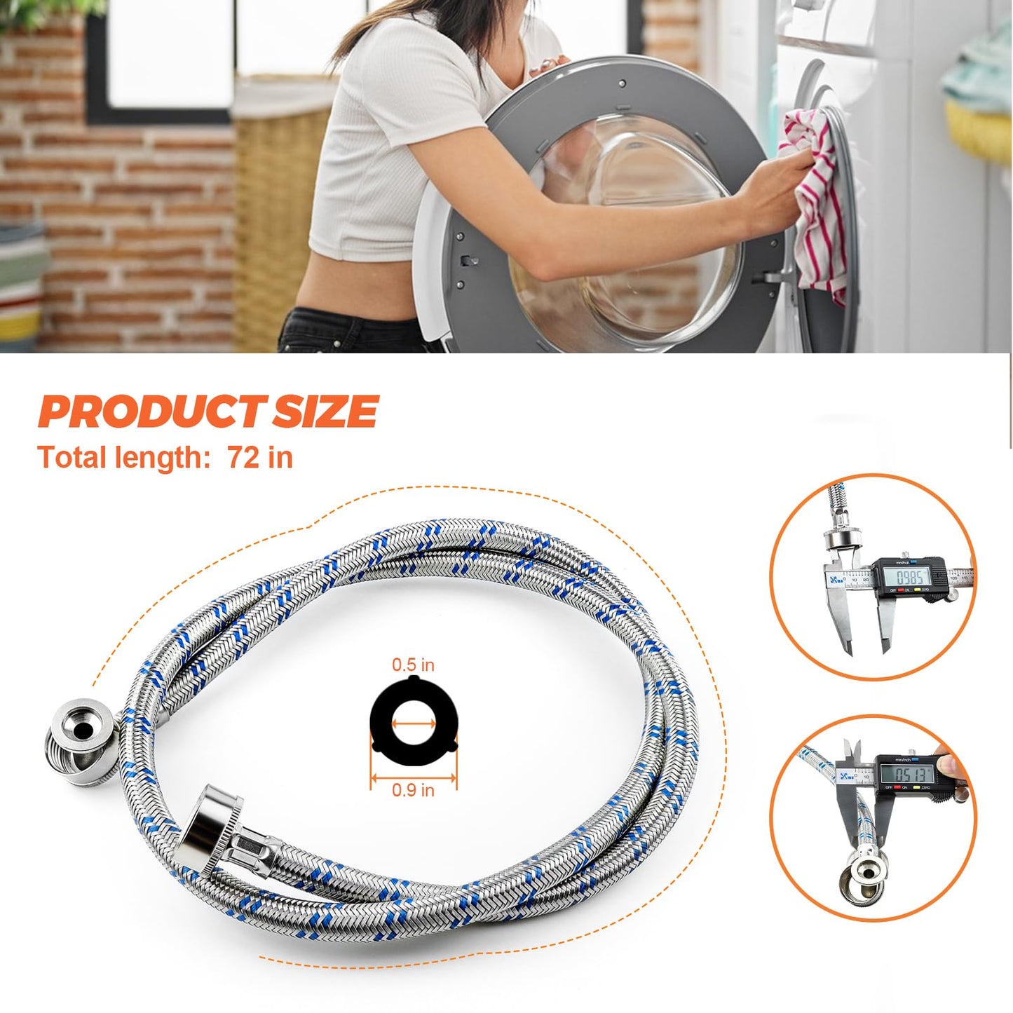 6FT Washer Stainless Steel Hoses with 90 Degree Elbows by Beaquicy - Burst Proof 3/4" FHT Standard Thread - 2 Pack Red and Blue Braided Hoses for Hot and Cold Water Supply - 10 Year Warranty