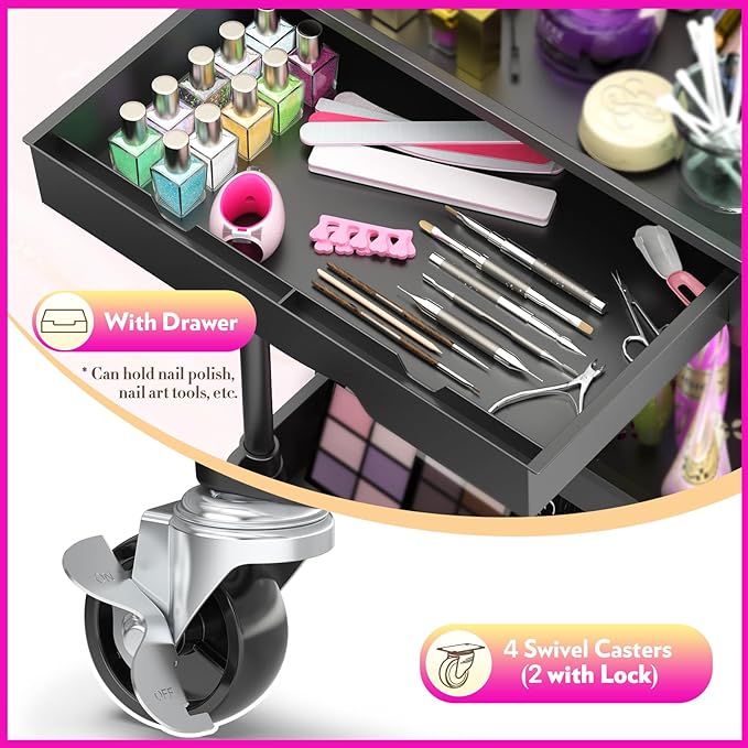 Makeup Cart Organizer with Drawers, 4 Tier Floor Skincare Organizers for Vanity, Rolling Makeup Bathroom Storage Cart Cosmetics Display Cases for Skin Care Perfume Nail Polish, Black