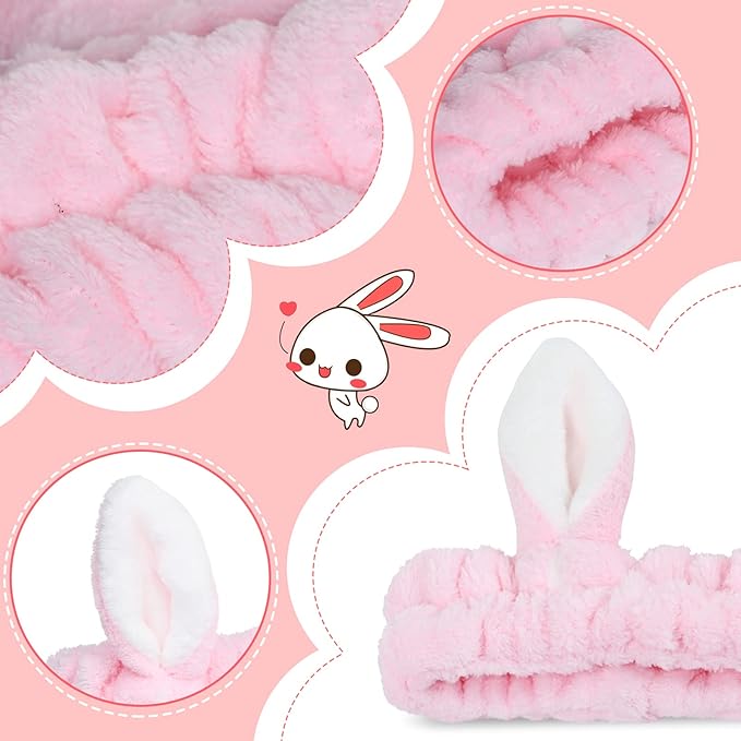 4 Pack Elastic Makeup Headbands for Women, Girls' Soft Flannel Bunny Ears Headbands Head Wraps, SPA Headband Hair Band for Washing Face