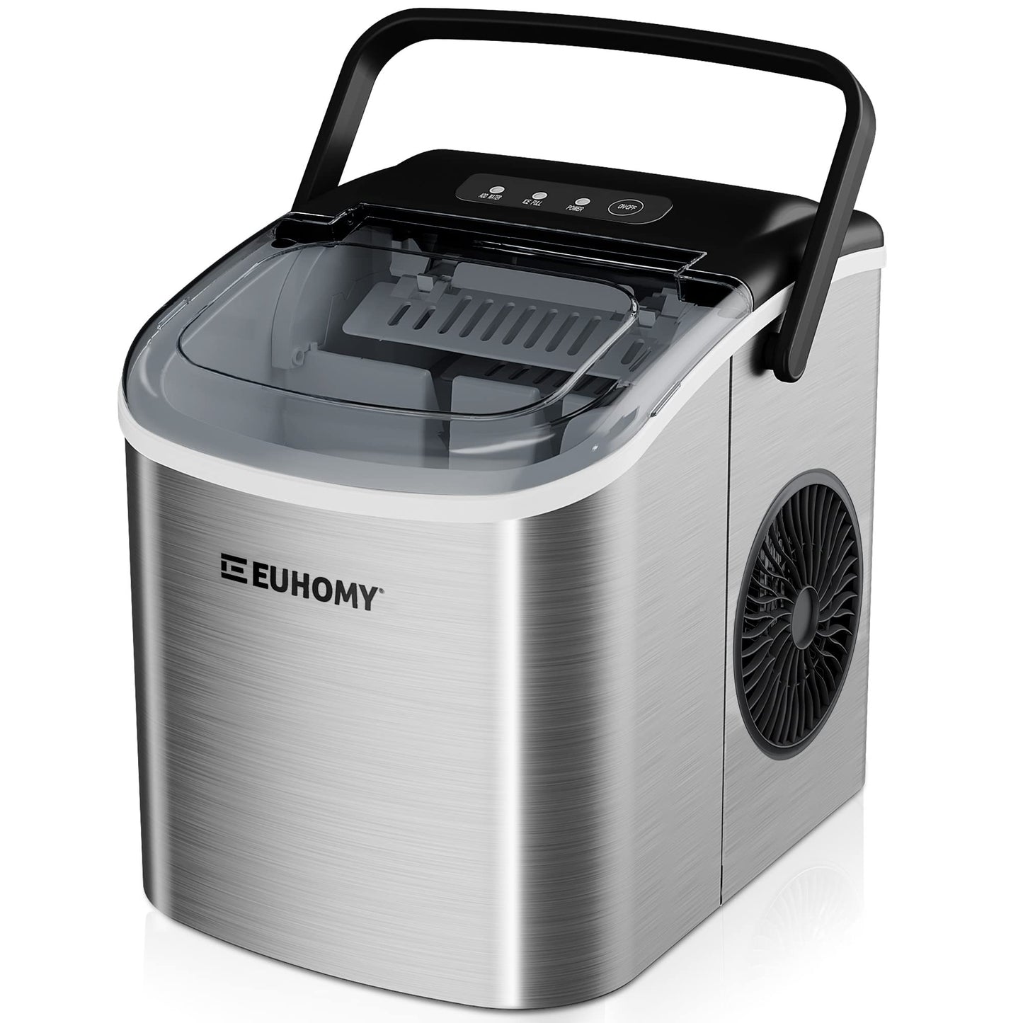 EUHOMY Ice Maker Machine Countertop with Handle, 26lbs/24H, 9 Bullet Ice Cubes Ready in 6 Mins, Auto-Cleaning, Portable Ice Maker with Basket and Scoop, for Home/Kitchen/Camping/RV. (Silver)