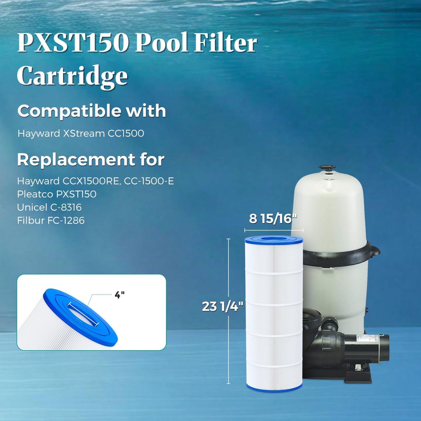 Cielvita PXST150 Pool Filter Cartridge Replacement for Hayward XStream CC1500, 4 oz Media Replaces Pleatco PXST150, Hayward CCX1500RE, CC-1500-E, Unicel C-8316, Filbur FC-1286, NSF/ANSI 50, 150 sq.ft