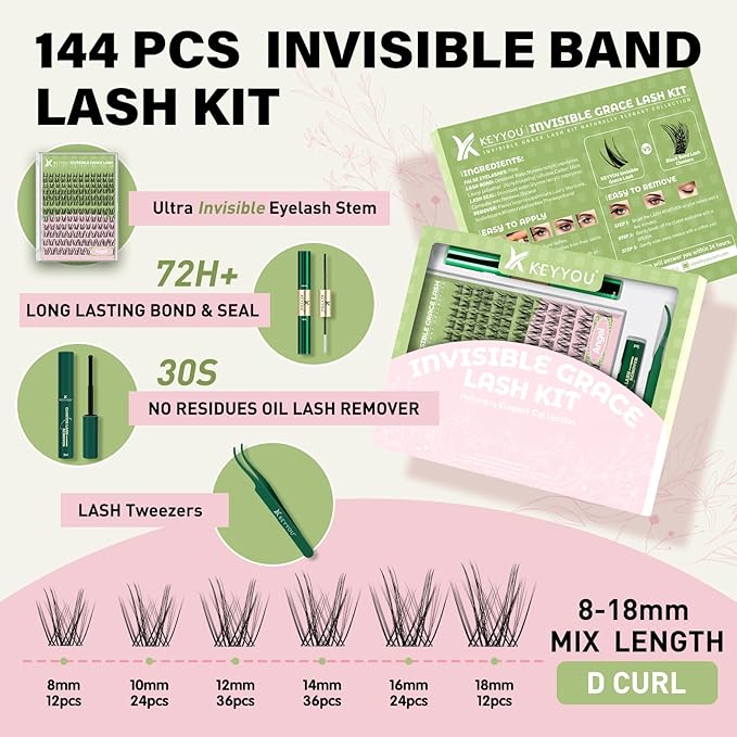 KEYYOU Angel lash Clusters Kit Lash Extension Kit C Curl 144Pcs Eyelash Extension Kit Wispy Natural Invisible Band Lash Kit with Waterproof DIY Lash Extension Kit at Home(Angel-D-8-18MIX)