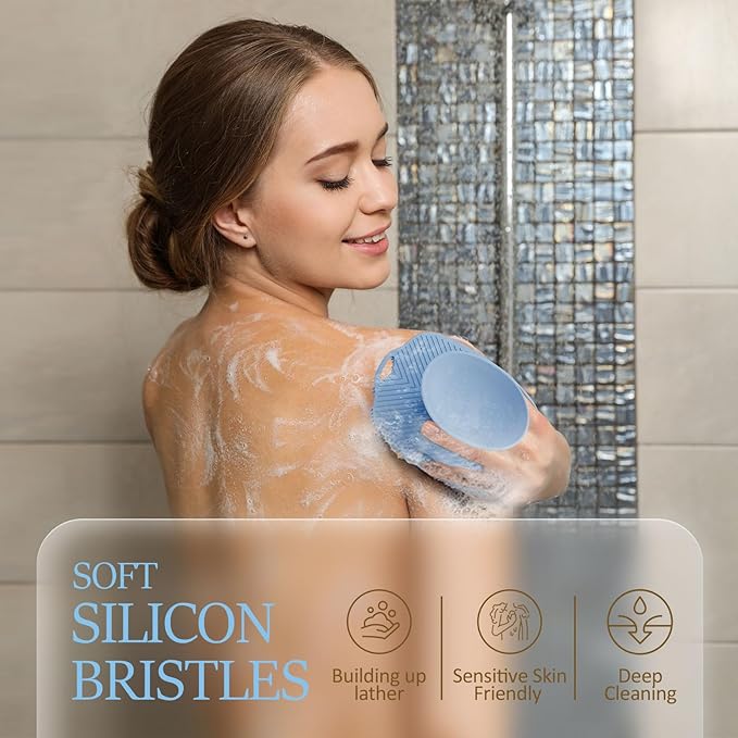 Soft Silicone Body Scrubber, Gentle Like a Hand Exfoliating Your Skin and Build Up Lather Easily, Back Large Suction Cup Easy to Store, Long-Lasting & Deep Clean (Blue)