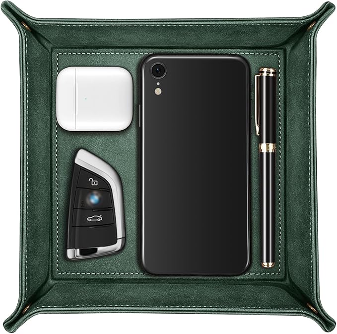 SITHON Valet Tray Desktop Storage Organizer Ã¢ÂÂ Premium PU Leather Catchall Bedside Vanity Tray Nightstand Caddy Holder for Keys, Phone, Wallet, Coin, Valentine's Day Gift, Dark Green
