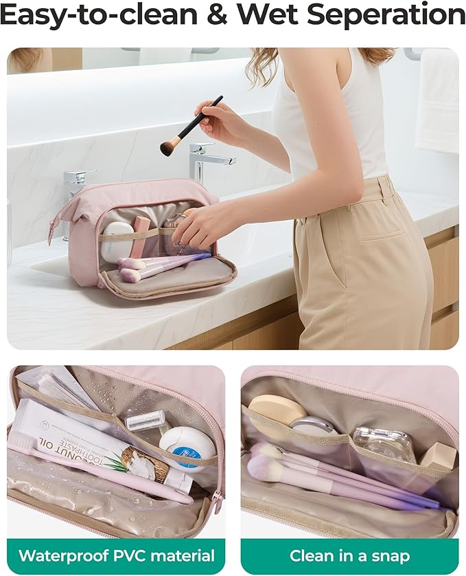 BAGSMART Travel Makeup Bag, Cosmetic Bag Small Make Up Organizer Case,Wide-open Pouch for Women Purse for Toiletries Accessories Brushes,Large Beige