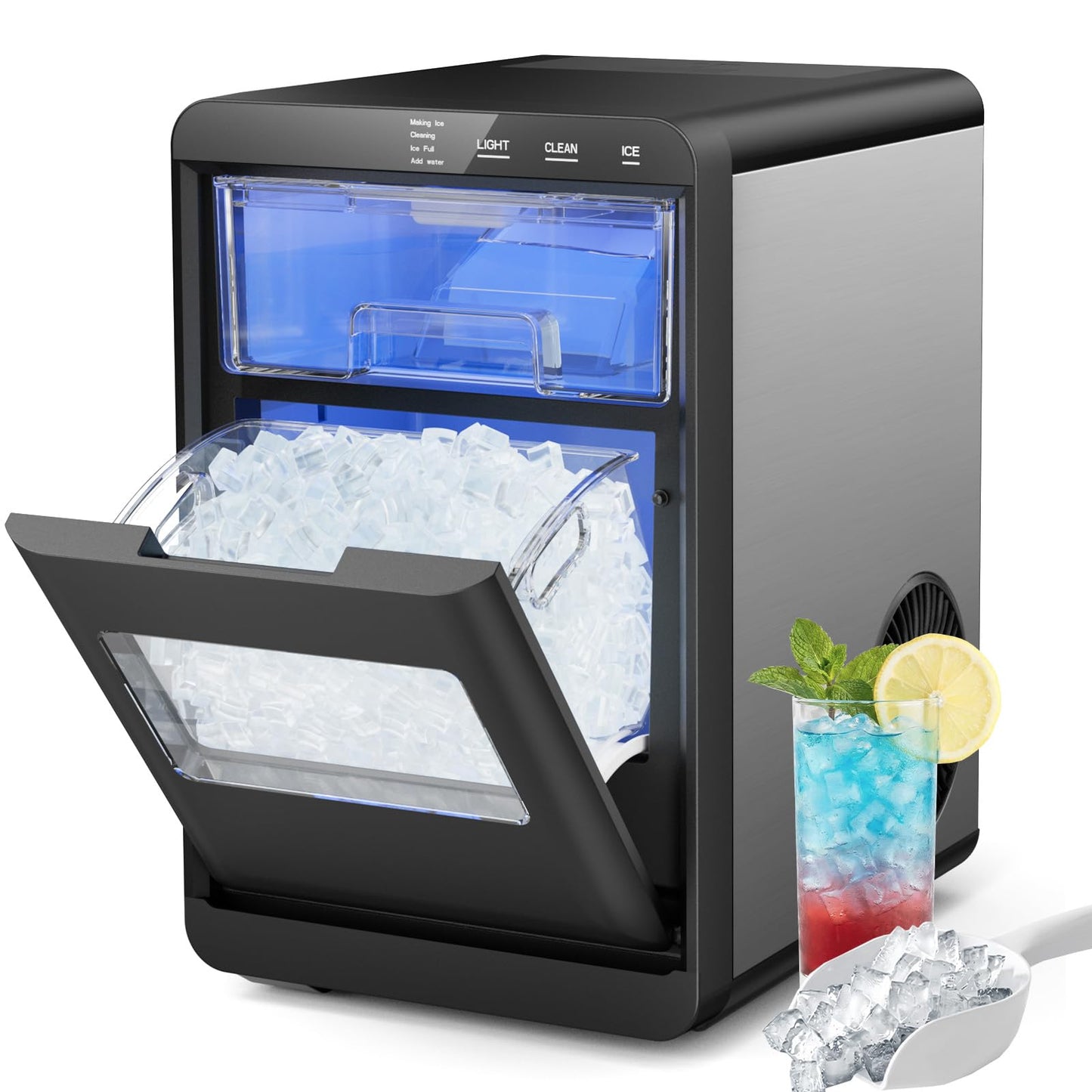Nugget Ice Maker Countertop, 44lbs/24h Nugget Ice Machine, Soft Ice Ready in 5-10Mins Pellet Ice Maker, Self-Cleaning Sonic Ice Maker for Home, Kitchen, Office, Party