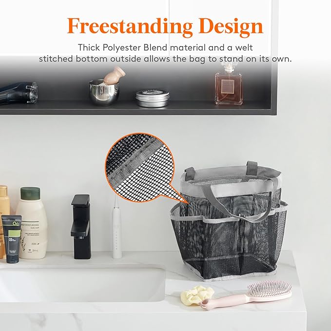 Lifewit Mesh Shower Caddy Portable for College Dorm Room Essentials with 7 Pockets, Freestanding Hanging Organizer Basket, Quick Dry Tote Bag for Camping, Bathroom, Beach, Travel, 1 Pack, Grey
