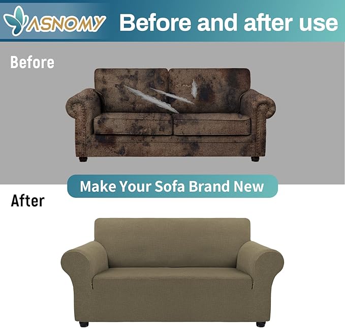 Asnomy Sofa Covers for 2 Cushion Couch Stretch loveseat Covers Slipcovers, Pet Protector Furniture Covers for Dogs Cats Spandex Jacquard Fabric Small Checks （Medium，Khaki）