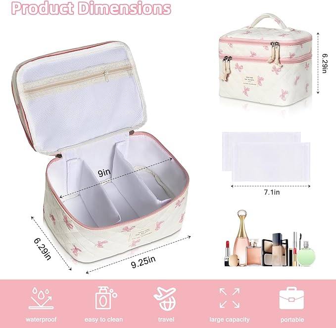 Makeup Bag, Portable Travel Make up Bag, Large Capacity Quilted Cosmetic Organizer Bag, Cute Floral Toiletry Bag for Women Girls (Pink Bow)