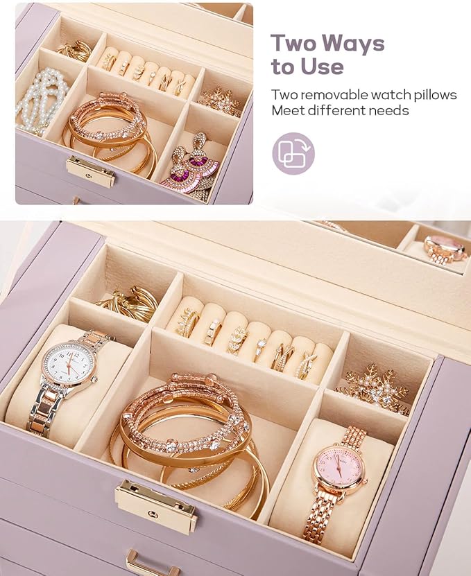 Homde Synthetic Leather Huge Jewelry Box Mirrored Watch Organizer Necklace Ring Earring Storage Lockable Gift Case (Grey Purple + Gold)
