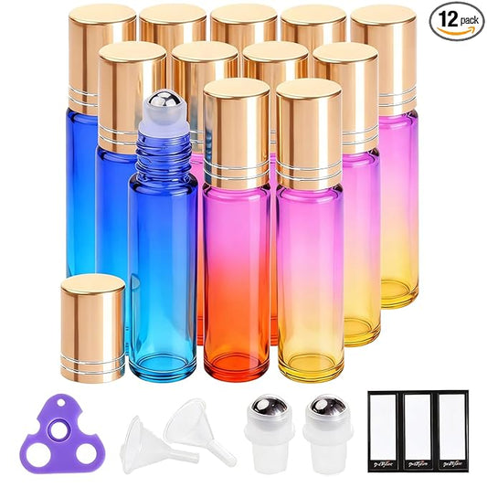 PrettyCare 12 Pack, 10 ml Essential Oil Roller Bottles with Stainless Steel Roller Ball - Refillable Leak-proof Empty Thick Rainbow Glass Roll on Bottles with Metal Caps for Travel, Perfume