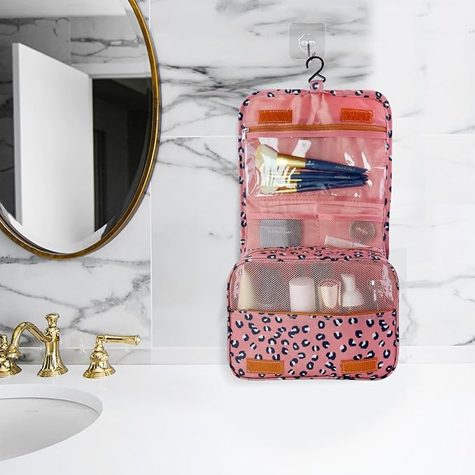 Large Capacity Toiletry Bag Travel Bag with Hanging Hook for Men and Women Waterproof Travel Cosmetic Bag Bathroom Storage Bag for Brushes Set,Full-Sized Shampoo,Accessories-Pink Leopard