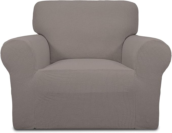 Easy-Going Stretch Chair Sofa Slipcover 1-Piece Couch Sofa Cover Furniture Protector Soft with Elastic Bottom for Kids, Pet. Spandex Jacquard Fabric Small Checks (Chair, Taupe)