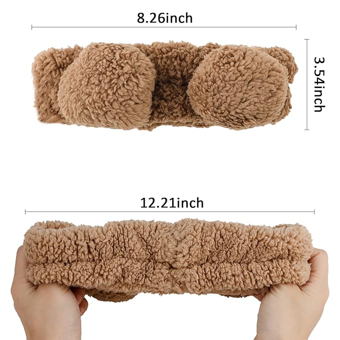 YISSION 2PCS Bear Ears Spa Headband No Slip Head Band for Face Wash Makeup Skincare Facial Headband Elastic Hair Band Carol Fleece Headbands for Women Girls (Brown Coffee)