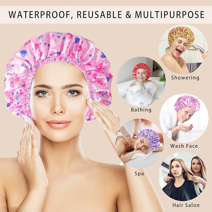 4 PCS Shower Cap for Women, Elastic and Reusable Bath Caps, Double Layers Shower Caps Reusable Waterproof, Bathing Shower Caps, Environmental Bath Hair Protection Cap - Heart