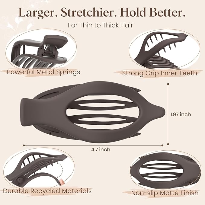 4 PCS Large Flat Hair Clips for Women Girls, French Concord Lay Down Flat Claw Clips for Thick Thin Hair, Comfortable Curved Flat Hair Clip, Matte Non-slip Strong Hold Hair Accessories, Brown